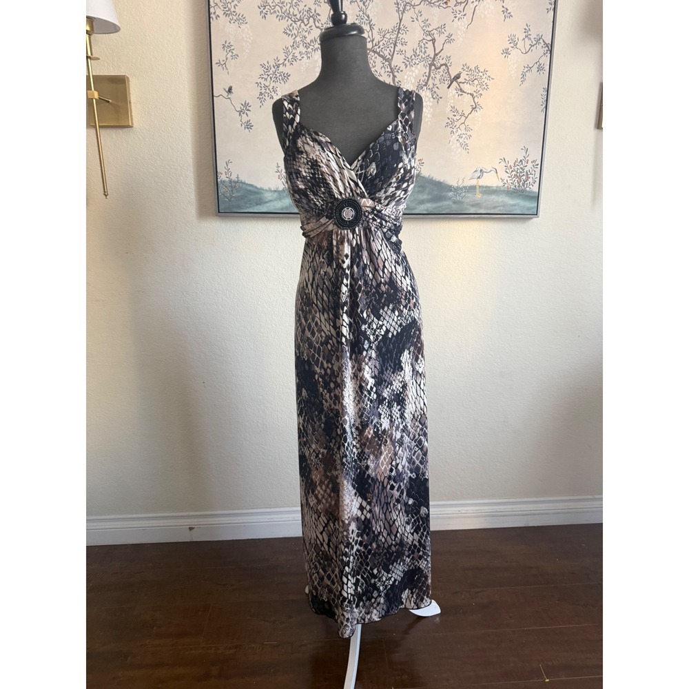 En Focus Studio Womens Snakeskin Print Maxi Dress Beaded Empire Waist Brown 16